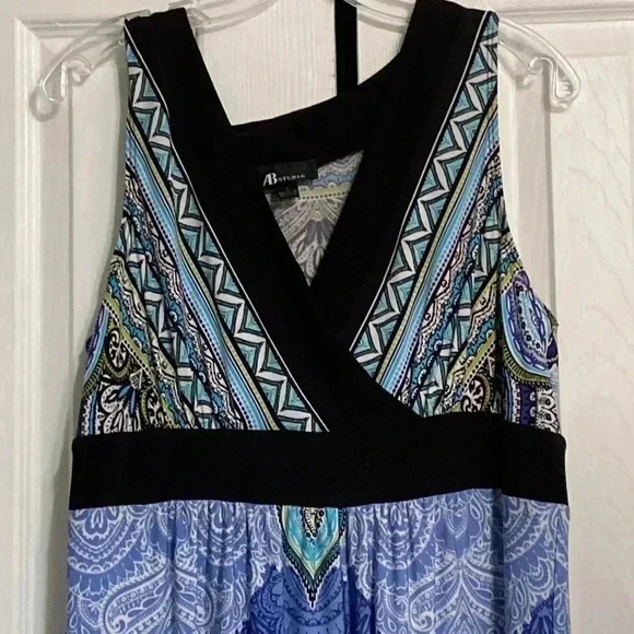 AB Studio boho blue & green & black bohemian maxi dress size LARGE - Picture 3 of 11